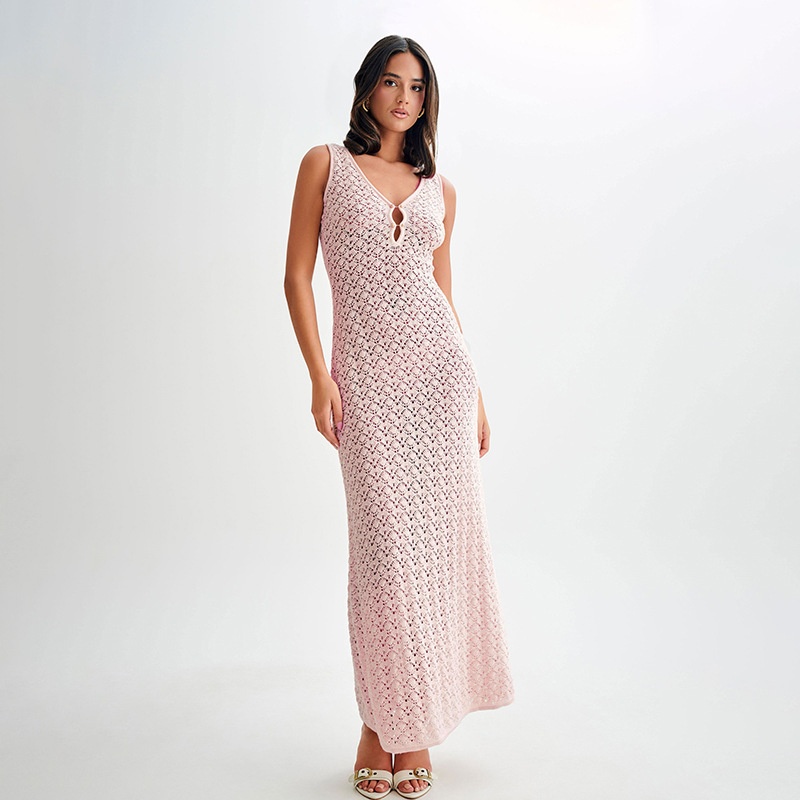 Women Hollow Knitted Beach Dress Summer Sleeveless Slim Cover-up Dress